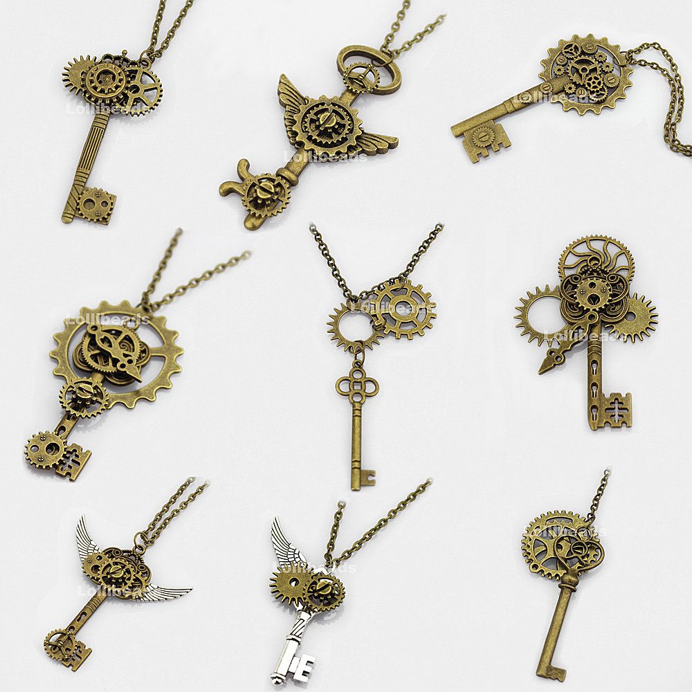 LolliBeads® 230 Gram Antiqued Bronze/Silver Metal Skeleton Keys and Wings, Bronze Steampunk Watch Gear Cog Wheel, Chains, Clasps and Jump Rings DIY Kits (300 Pcs)
