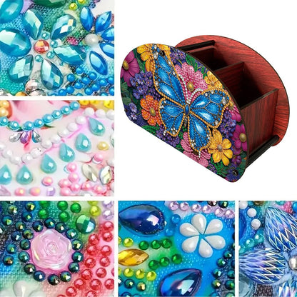 POETRYDRAW DIY Butterfly Diamond Art Painting Wooden Storage Box – Multi-Grid Moon Fan Makeup Brush Organizer, Double-Sided Drill Tabletop Holder for Women, Office & Home Decoration