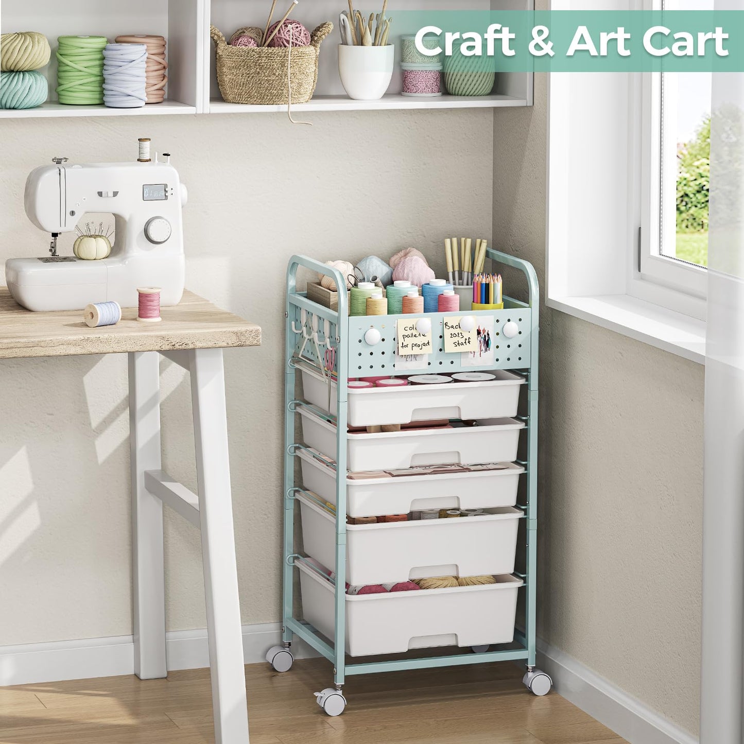 5 Drawer Rolling Storage Cart with Pegboard Top and Hooks, Mobile Utility Organizer with Wheels for Office Supplies, Craft Storage, Classroom Organization, Home Storage Cart, Green