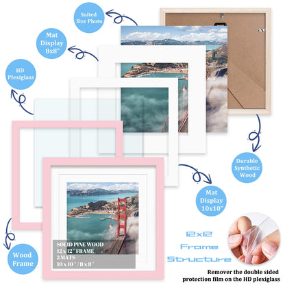 12x12 Wood Picture Frames for Wall Hanging or Tabletop,Diamond Painting Frame Baby Scan Picture Frames with 2 Mats Display 8x8 or 10x10 for Family Walls Decoration,Anniversary,Wedding,Christmas(Pink)