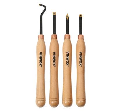 VINWOX 13.5" 4 PCS Carbide Wood Lathe Turning Tool Set, Pen Turning tool, Including Swan Neck Hollower, Rougher, Finisher, Detailer, Titanium Coated Carbide Blades 2X Service Life, Beech Wood Handle