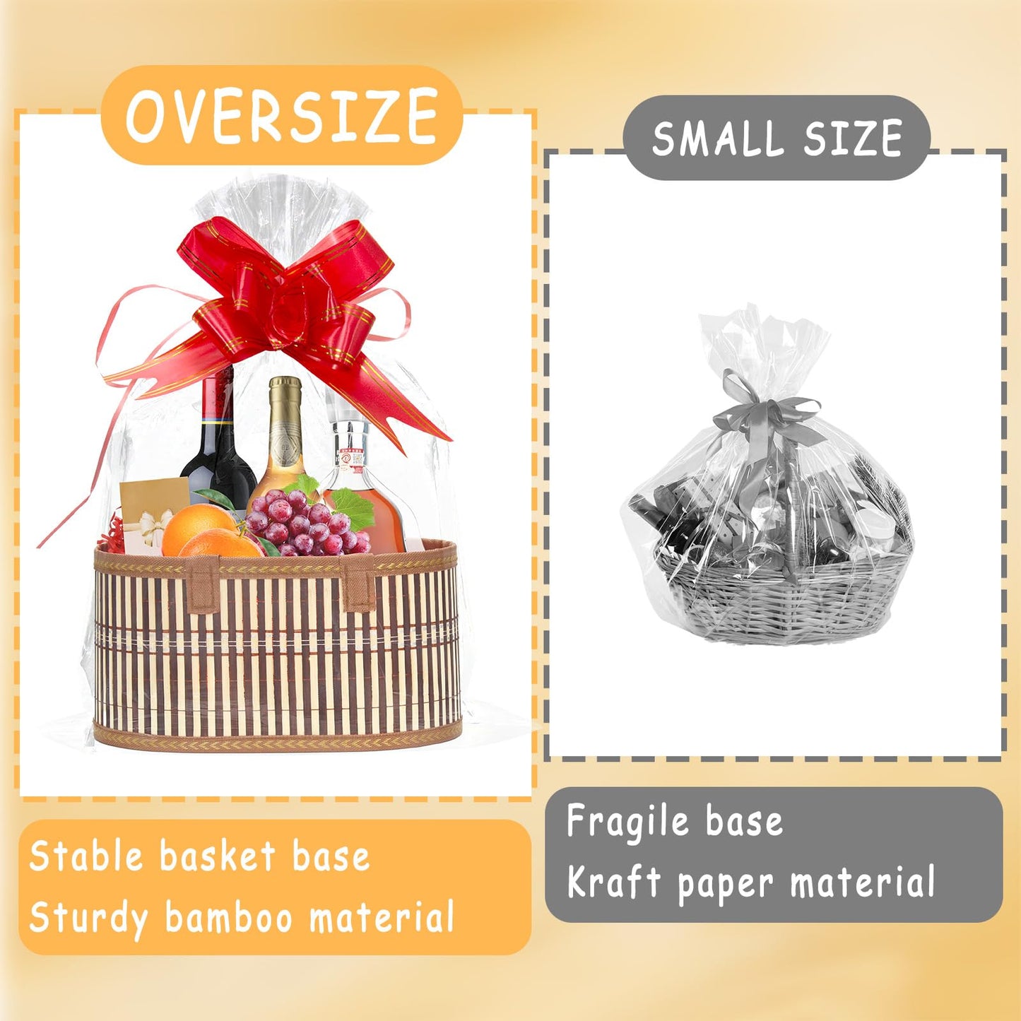 Mapaim 4 Set Bamboo Gift Baskets Empty, Foldable Woven Storage Basket with Handle, Gift Basket Kit with Wrap, Bows & Cards, Empty Gift Baskets to Fill for Baby Shower, Wedding, Holiday Gifts (Oval)