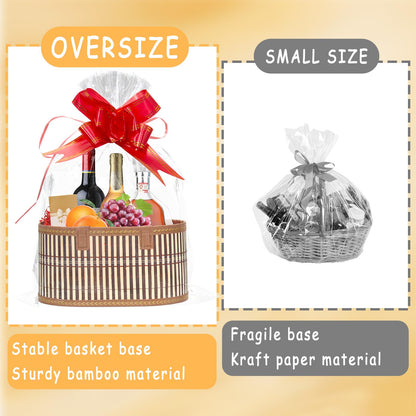 Mapaim 4 Set Bamboo Gift Baskets Empty, Foldable Woven Storage Basket with Handle, Gift Basket Kit with Wrap, Bows & Cards, Empty Gift Baskets to Fill for Baby Shower, Wedding, Holiday Gifts (Oval)