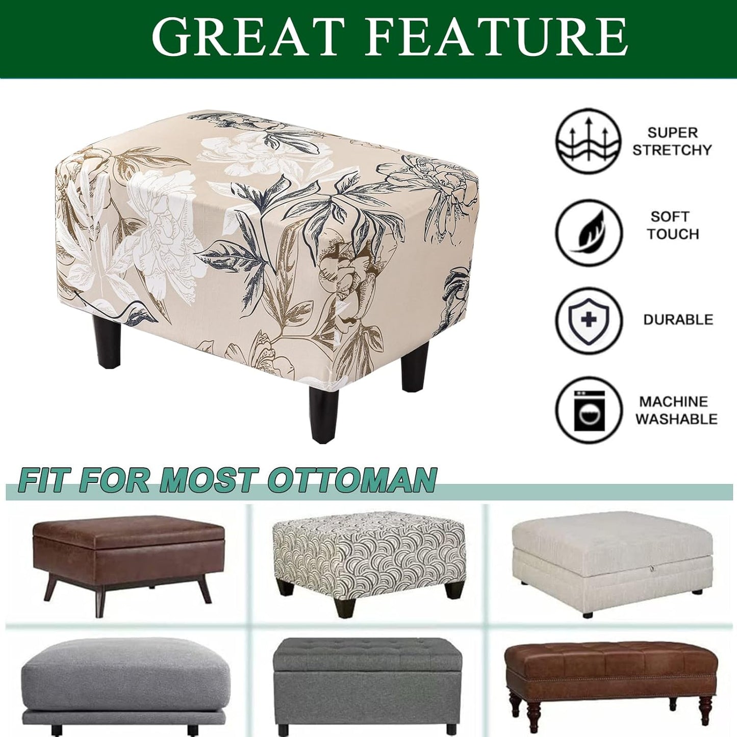 Bottom,46 CRFATOP Ottoman Chair Cover Large Ottoman Chair Slipcovers Solid Rectangle Storage Stool Cover Stretch