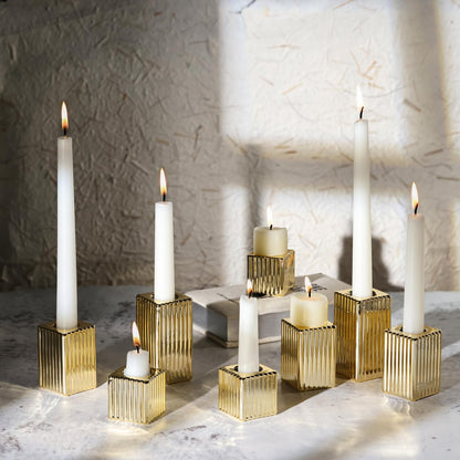 LETINE 14" Tall Hurricane Candle Holders with Gold Ribbed Taper Candle Holders Set of 3– Bulk Windproof Taper Candle Hurricane Glass for Outdoor&Indoors Wedding Centerpiece, Event & Home Decor