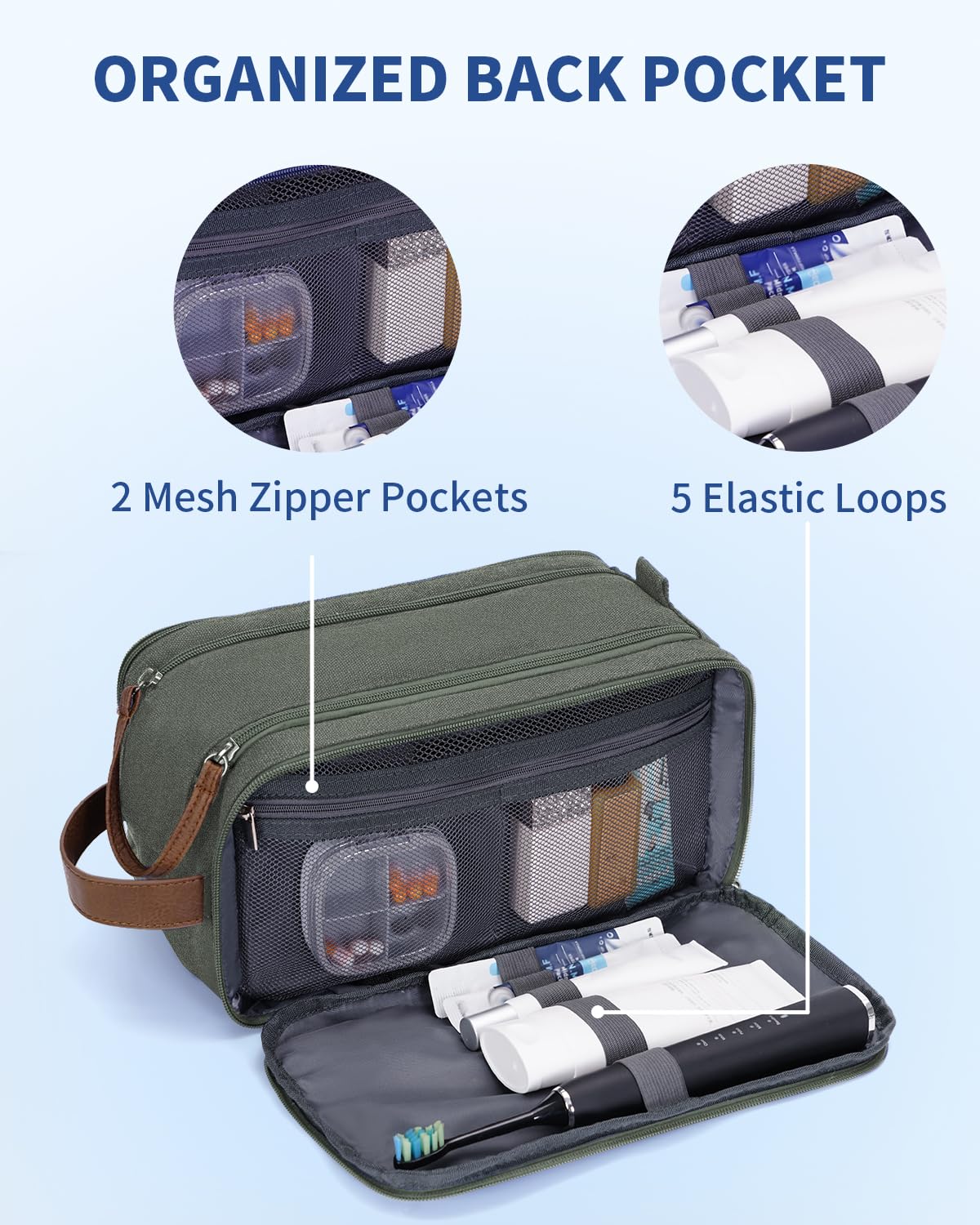 WANDF Toiletry Bag for Men Travel Toiletry Organizer Canvas and Leather Dopp Kit Water-Resistant Shaving Bag for Travel Accessories (Green, Patent Pending)