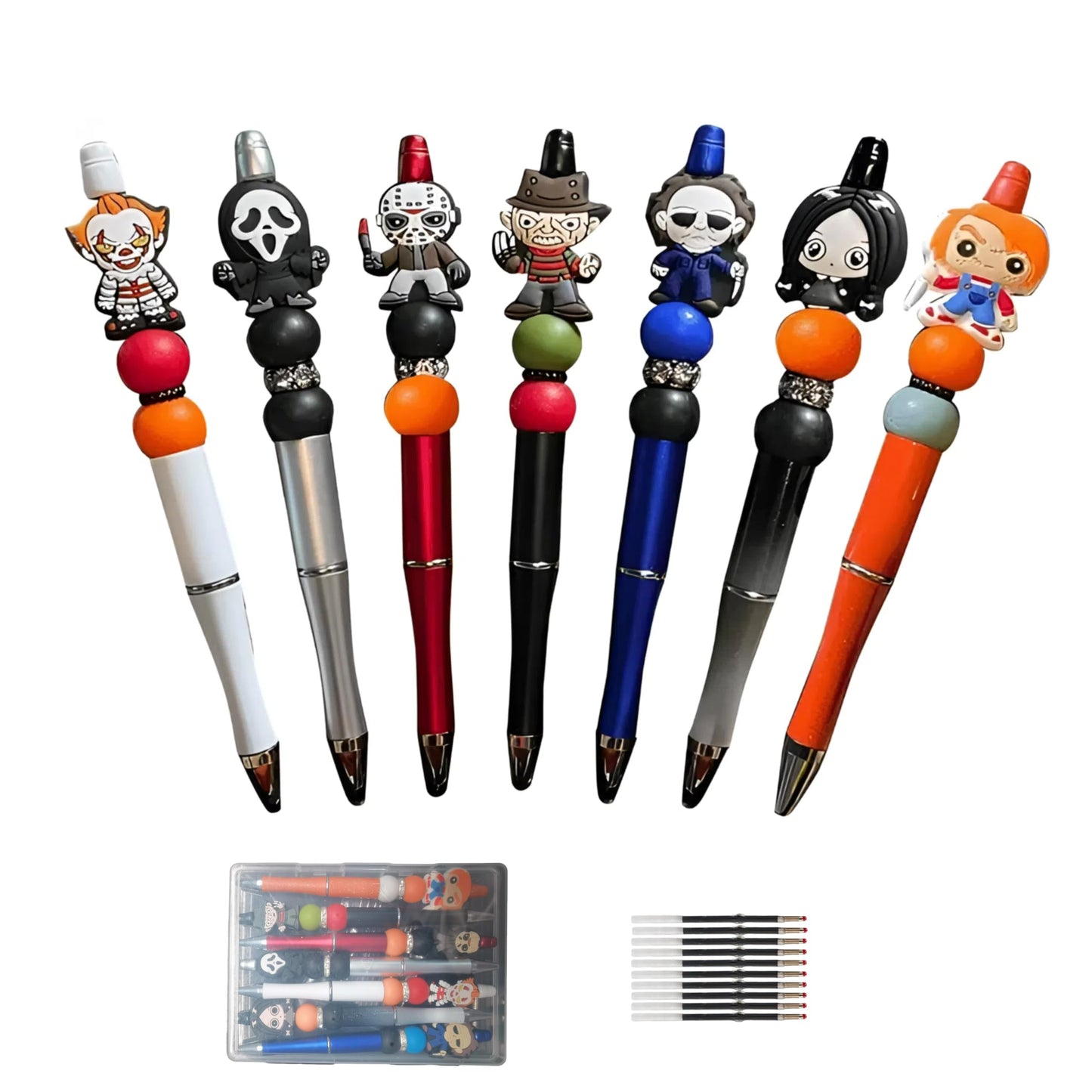 YUERVIEW 7PCS Refillable Horror Movie Pens with Clear Box – Spooky Gift for Horror Fans,Halloween Beadable Pens for School,Office,Party – Novelty Desk Accessories with 10 Black Ink Refills
