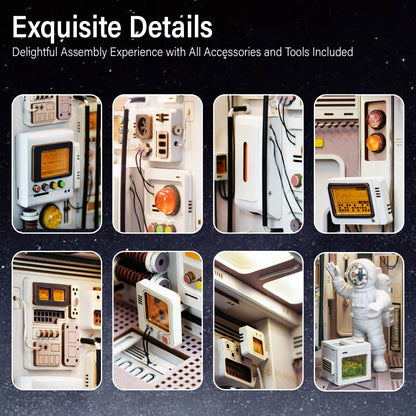 Joohour DIY Book Nook Kit, Dollhouse Miniature, Booknook Bookshelf Insert Decor Alley 3D Wooden Puzzle, Bookends Model Building Kit with LED Light, Gift for Teens and Adults, Space Capsule