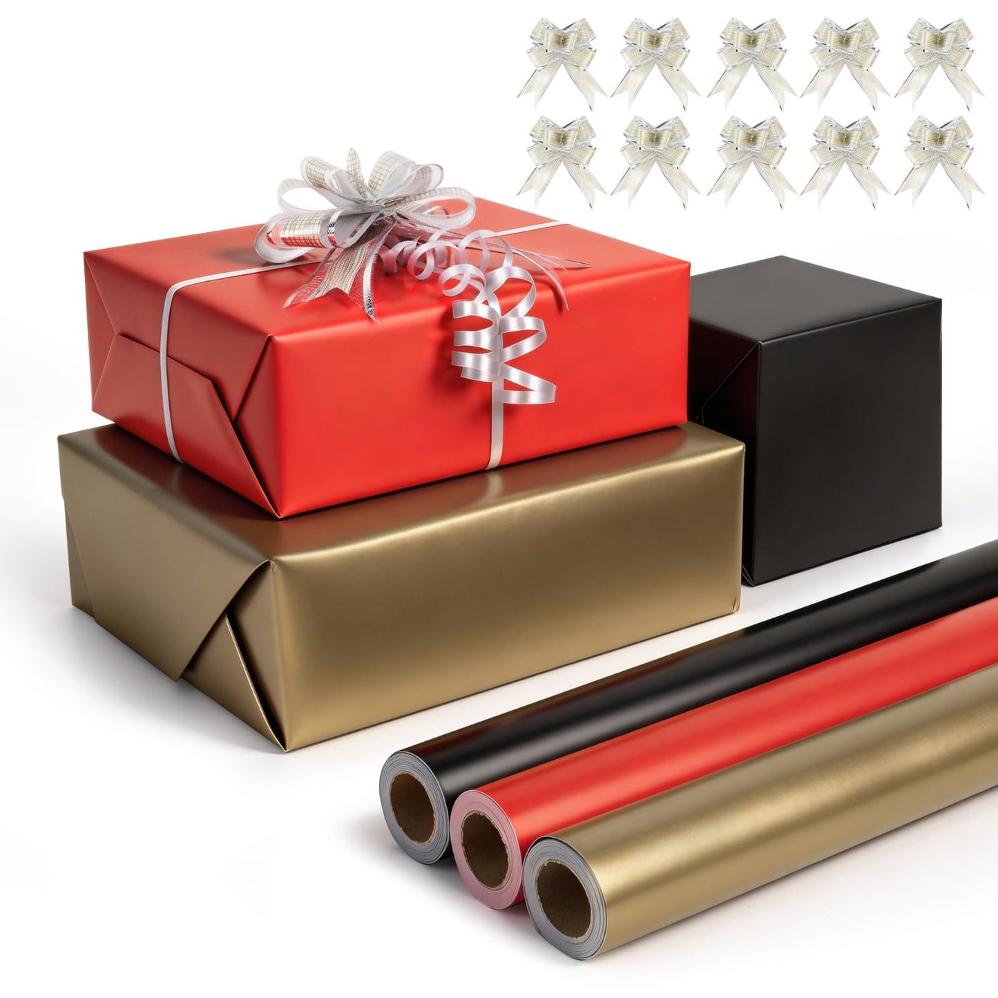 Isaspire Gift Wrapping Paper Set - 3 Rolls, Black, Red, and Gold Wrapping Paper for Christmas, Birthdays, Weddings, Graduations, and Baby Showers, Includes Gift Bow, 17 x 394 inches per roll