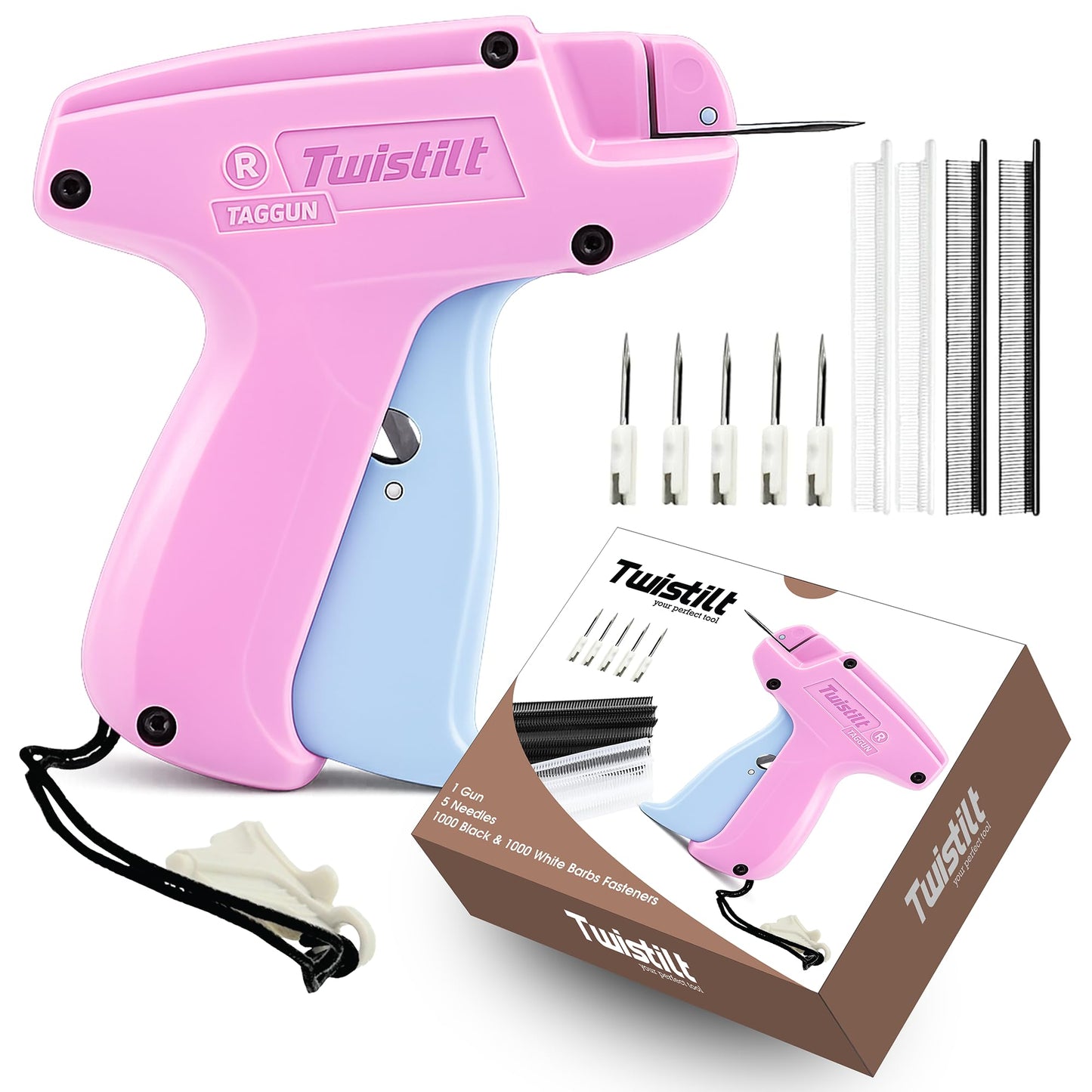 Stitch Gun for Clothes (Quick Fix Tool, Not a Sewing Machine), Handheld Clothing Tag Gun for Quick Clothing Repairs Includes 6 Needles, 1000 Black & 1000 White Fasteners (Pink & Blue)