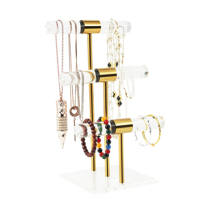 3 Tier Tangle-free Bracelet Display Stands, Acrylic T-Bar Jewelry Display Holder, Clear Gold Necklace Organizer with Stainless Rod, Women Men Vendors Retail Store Counter Jewelry Hanging Stand