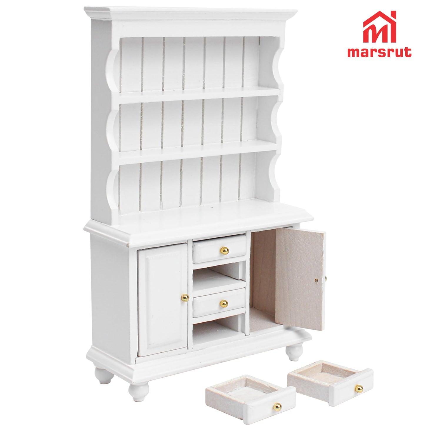 Dollhouse Miniature Cabinet 1/12 Scale Bookshelf Bookcase Cupboard Hutch, Mini Furniture Kitchen Accessories, European Items Living Room Wooden Storage Sideboard Display Showcase Shelves, White