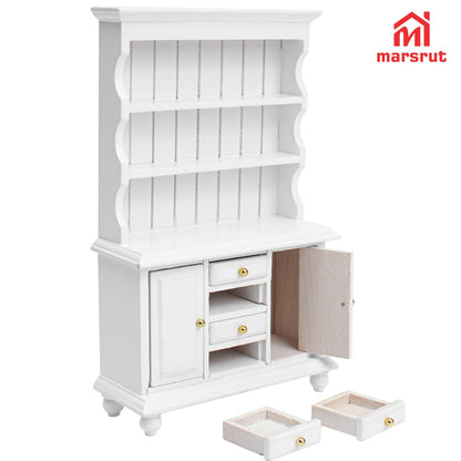 Dollhouse Miniature Cabinet 1/12 Scale Bookshelf Bookcase Cupboard Hutch, Mini Furniture Kitchen Accessories, European Items Living Room Wooden Storage Sideboard Display Showcase Shelves, White