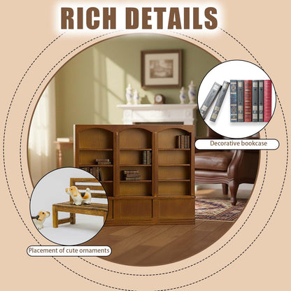 1:12 Dollhouse Mini Bookcase, Wooden Triple Display Cabinet & Bookshelf, Miniature Display Shelf for Doll House Decor Dollhouse Library Furniture Accessories (Brown)