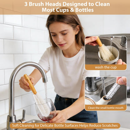 YMZ C&A Bottle Brush Cleaner Set-Teak Wood Handle for Glass Cups, Coffee Cups, Mugs, and Sport Bottles
