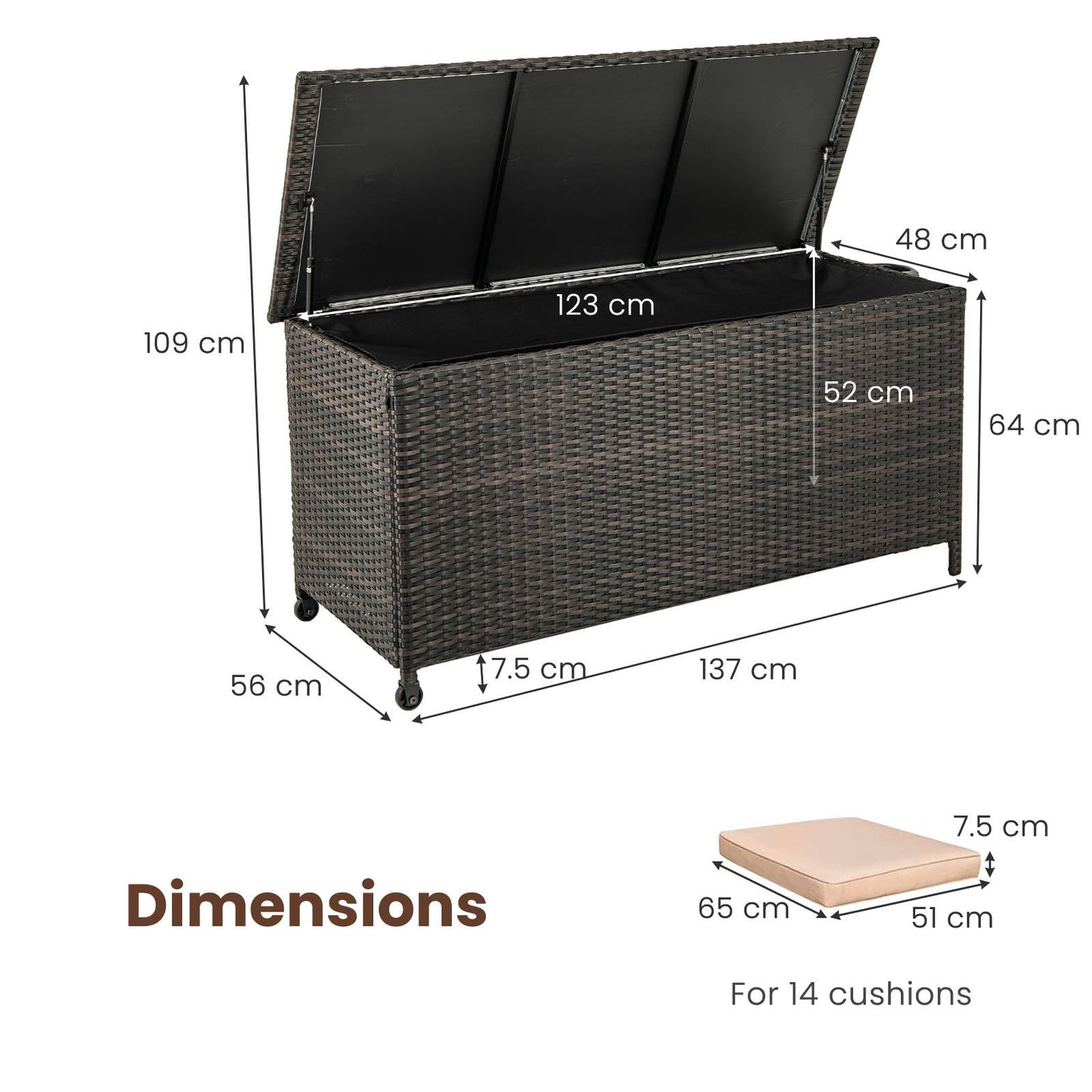 TANGZON 320L Garden Deck Box, Patio Cabinet Container with Polyester Liner, Universal Wheels & Gas Strut, Indoor Outdoor Storage Box for Pillows, Cushions & Tools (with Regularly-Woven Rattan, Brown)