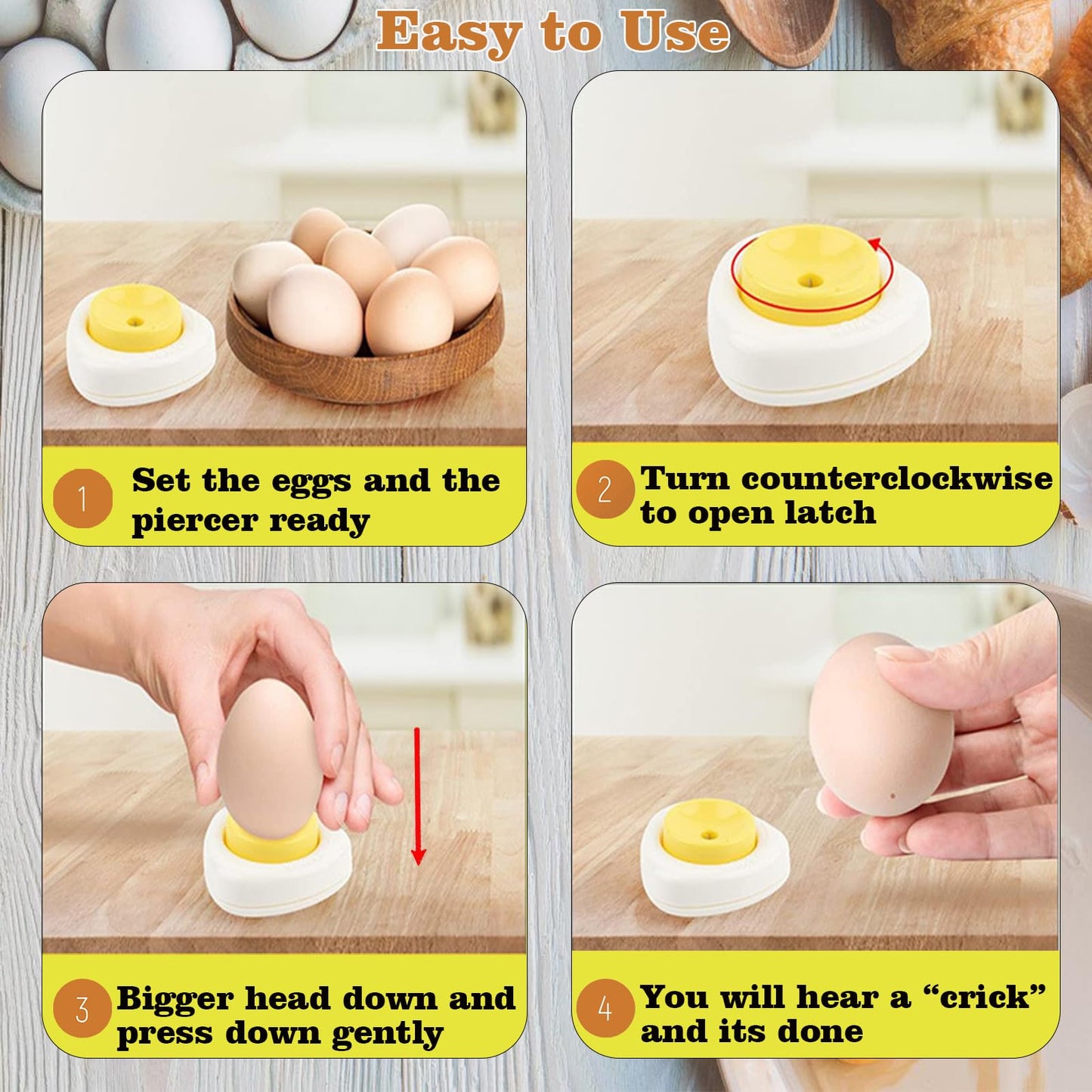 2-in-1 Egg Peeler & Poker - Hard Boiled & Raw Eggs, Safety Lock, Yellow