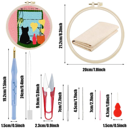 Woohome Punch Needle Kit Included Plastic Hoops, Punch Needle Cloth, Color Yarn and Punch Needle Tools for Adults, Beginners (Cat and Vase)