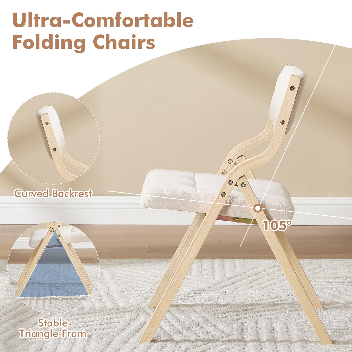 choairy Folding Dining Chairs Set of 4,Padded Foldable Dining Chairs with Cushion,Portable Wooden Folding Chairs for Dining Rooms Kitchen Wedding and Party Indoor Beige