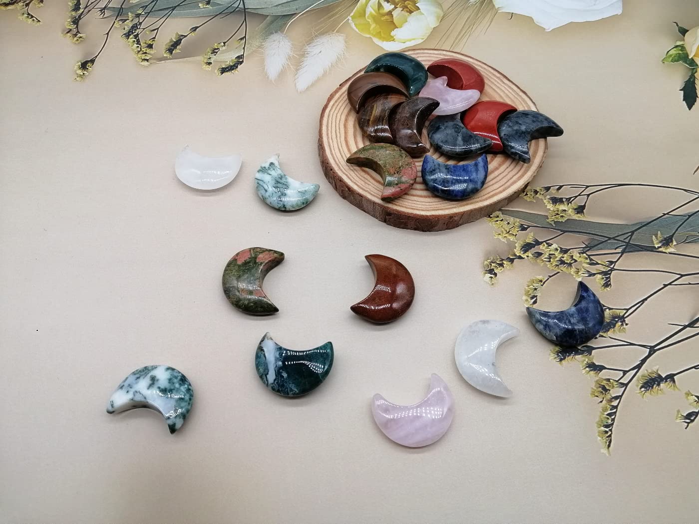 XMHOME Moon Shaped Worry Stones 30mm Assorted Bulk Carved Gemstones 20 Pcs Chakra Crystals Set Jewelry Making Home Decor Gifts