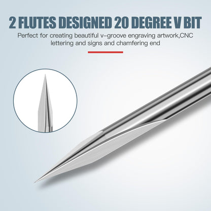 HUHAO 5PCS CNC Wood Carving Router Bit Set,20 Degree Engraving 1/8 Inch Shank V Bit 2 Flute 0.1mm Tip Carbide V Bit for Acrylic Metals Wood MDF PVC