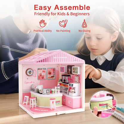 Hallisun LED Building Blocks for Adults, 1:24 DIY Miniature Dollhouse Kits with Roof & Dustproof Cover, Tiny House Toy Building Sets for Kids Ages 8-12-15, Birthday Hobbies Gift for Men Women Boy Girl