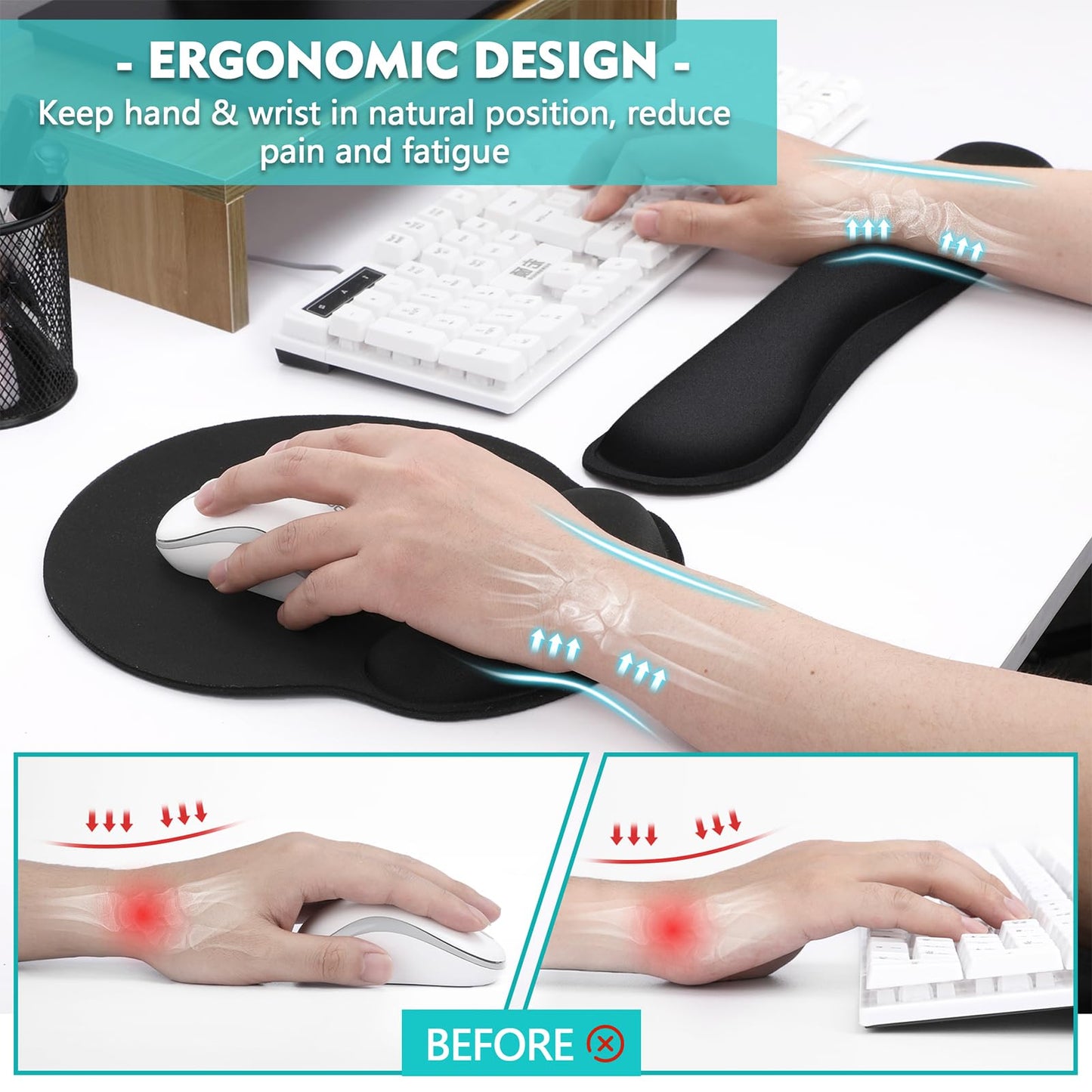 Mouse Pad and Keyboard Wrist Rest- Ergonomic Wrist Pad for Computer Keyboard and Mouse Pad, Memory Foam Wrist Support for Comfy Typing (Mouse pad Set, Classic Black)