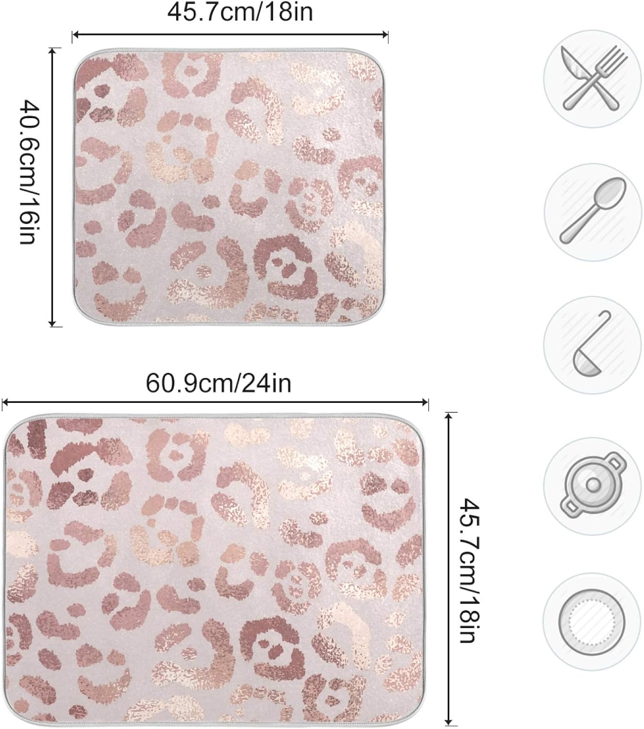 OREZI Absorbent Dish Drying Mat, Rose Golden Leopard Print, 16 x 18 Inches for Kitchen Counter