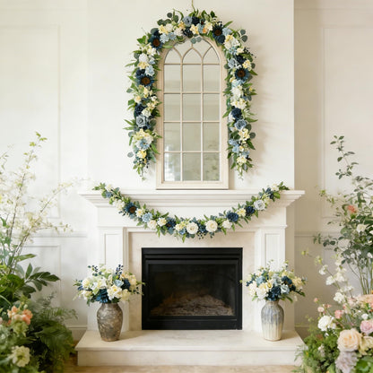 Idyllic 6 Ft Blue Rose Vine Garland - Artificial Spring Floral Garland for Wall Decor, Window, Mantle, Wedding, Home Decor - Faux Long Hanging Vine with Leaves