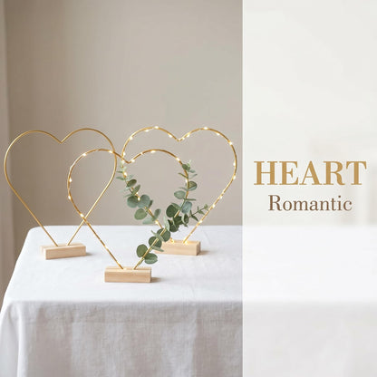 jojofuny 10 Sets Heart Shaped Floral Hoop Centerpiece with Wooden Stand, 9.8" x 10.6" Metal Wreath Rings, Gold Heart Wire Hoops for Wedding Table Decorations, DIY Dream Catcher Craft Kit