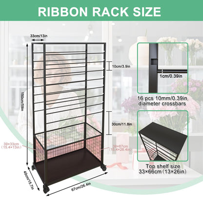 FWTXZTER 16 Tier Ribbon Organizer Rack, Double-Sided Ribbon Storage Holder for Craft Room, Floral Wrapping Paper Stand with Wheels, Rolling Ribbon Spool Racks Metal Display Shelf Sewing Station Cart