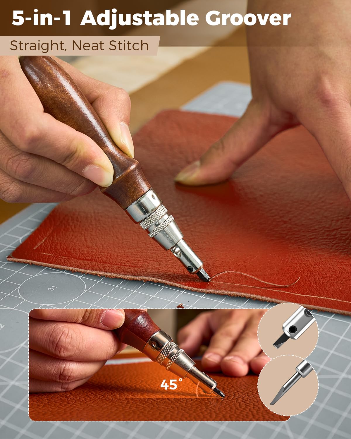 SakerNeo Leather Working Tools - 101pcs Stainless Steel & Wood Handle Sewing kit with 4mm Stitching chisels (1/2/4/6), 18 Waxed Thread, Hole Punch & Stamping Tools for DIY Wallet Belt Bag Repair