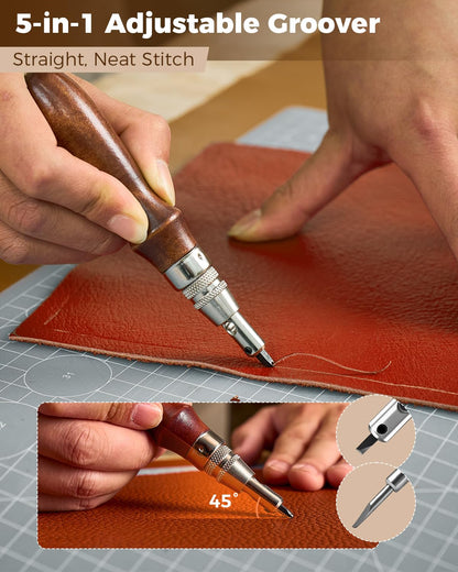 SakerNeo Leather Working Tools - 101pcs Stainless Steel & Wood Handle Sewing kit with 4mm Stitching chisels (1/2/4/6), 18 Waxed Thread, Hole Punch & Stamping Tools for DIY Wallet Belt Bag Repair
