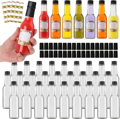 35 Pack 5 oz Woozy EkkoVla Clear Glass Hot Sauce Bottle with Black Caps and Orifice Reducers, Clear Bottles Empty Wine