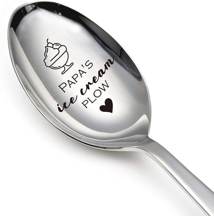 Papa's Ice Cream Plow Funny Stainless Steel Engraved Spoon, Long Handle Coffee Tea Spoon for Papa Dad Men