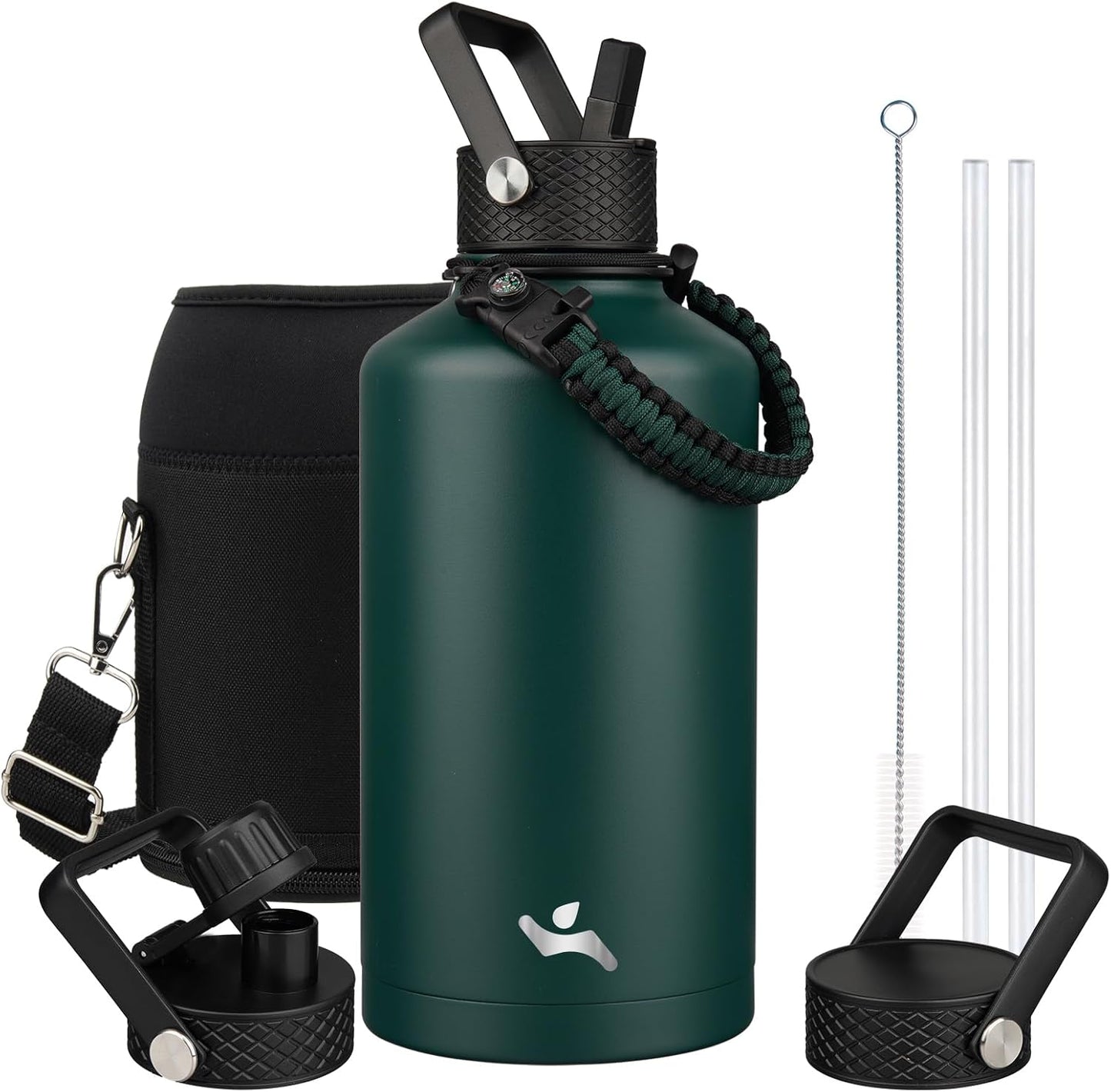 Insulated Water Bottle with Straw, 87 oz Water Jug with Carrying Bag, Paracord Handle, Double Wall Vacuum Flask, Dark