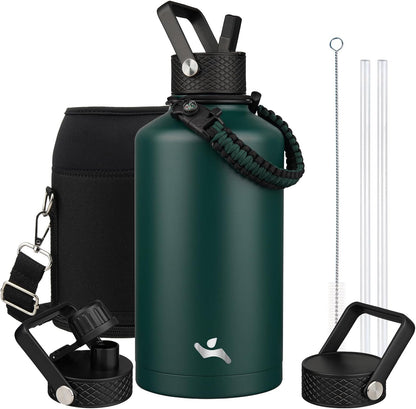Insulated Water Bottle with Straw, 87 oz Water Jug with Carrying Bag, Paracord Handle, Double Wall Vacuum Flask, Dark