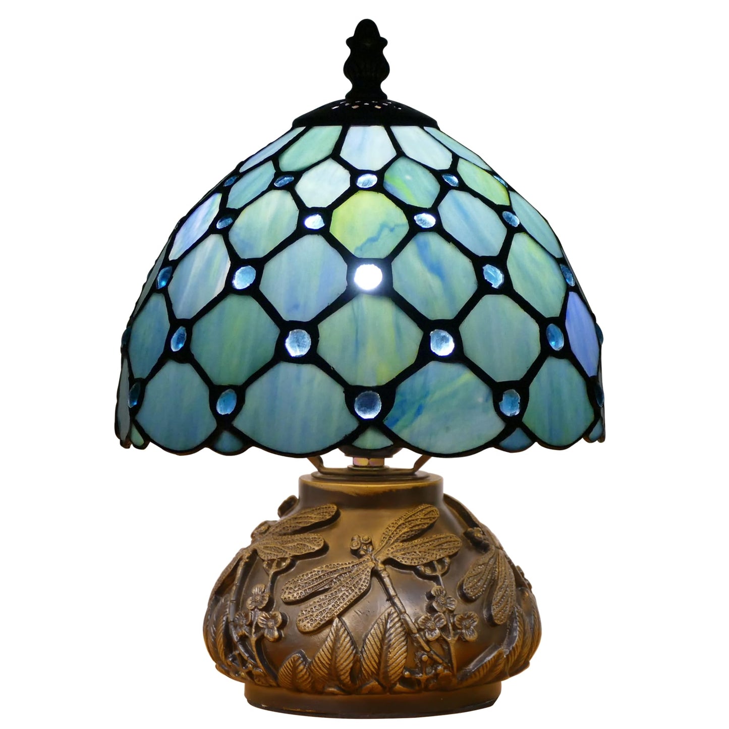 WFAYNTIFL Small Tiffany Lamp Mini Stained Glass Table Lamp Sea Blue Pearl Style Mushroom Memory Sympathy Lamp 8X11 Inch