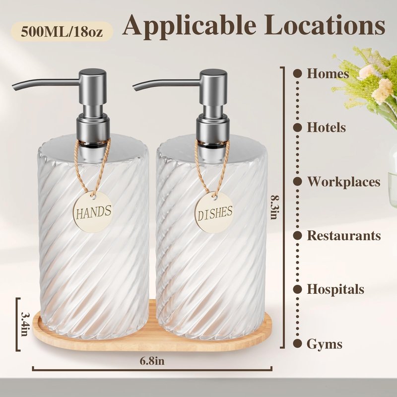 18Oz Spiral Stripe Soap Dispenser Set - Silver Stainless Steel Pump with Wood Tray, Refillable for Kitchen Sink & Bathroom Vanity, Dish Liquid & Hand Soap Storage Solution