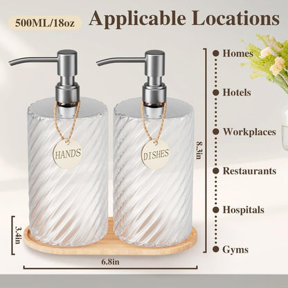 18Oz Spiral Stripe Soap Dispenser Set - Silver Stainless Steel Pump with Wood Tray, Refillable for Kitchen Sink & Bathroom Vanity, Dish Liquid & Hand Soap Storage Solution