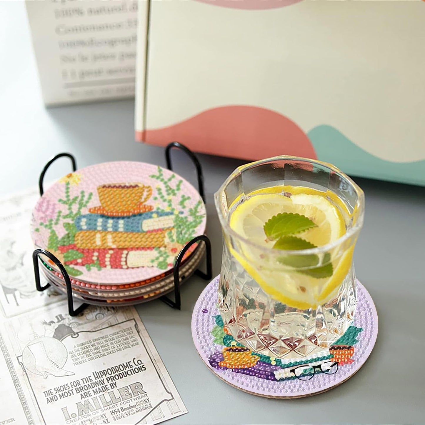 8 Pcs Book Diamond Art Coasters Kit - DIY 5D Diamond Painting Coasters with Holder, Mini Diamonds Arts Kits for Adults Coaster with Cork Pads, Gem Arts Dots Painting Crafts Supplies for Home Decor