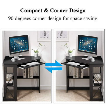 VECELO Corner Desk Computer Desk Writing Table with Smooth Keyboard Tray & Storage Shelves,Compact Home Office Triangle Table,Black