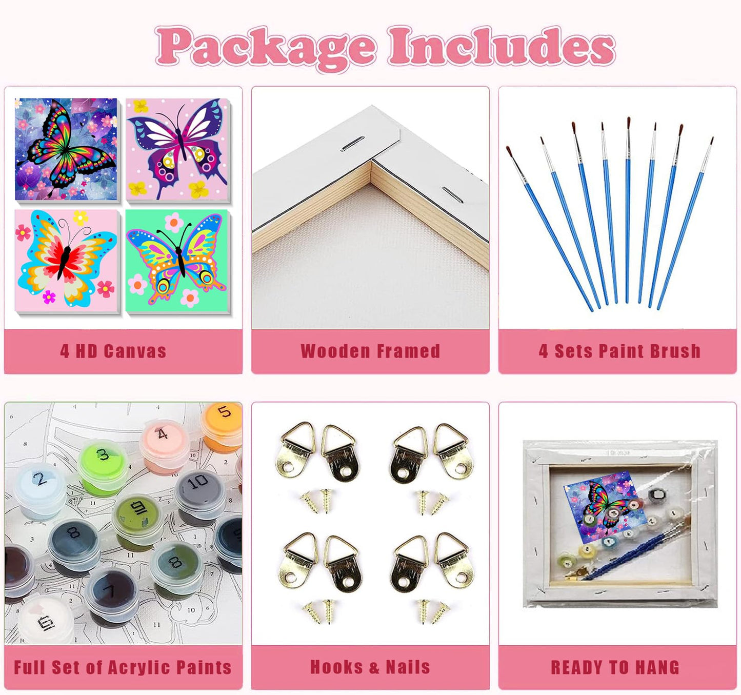 4 Pack Butterfly Paint by Number for Kids with Wooden Frame, Paint by Numbers for Kids Butterflies Ages 4-8-12, Easy Painting with Numbers DIY Acrylic Oil Painting Kits for Home Wall Decor (8X8 inch)