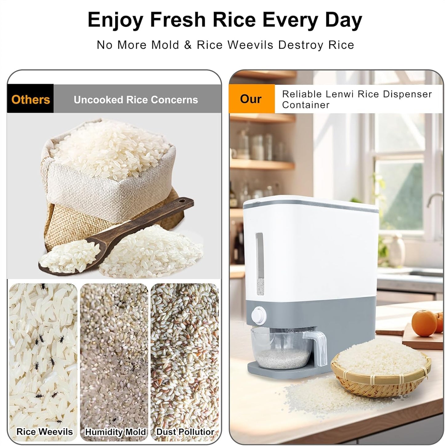 22.5-25 Lbs Rubtlamp Gray Rice Dispenser, Rice Container with Lid, Rice Storage Container with Measuring Cup, Food