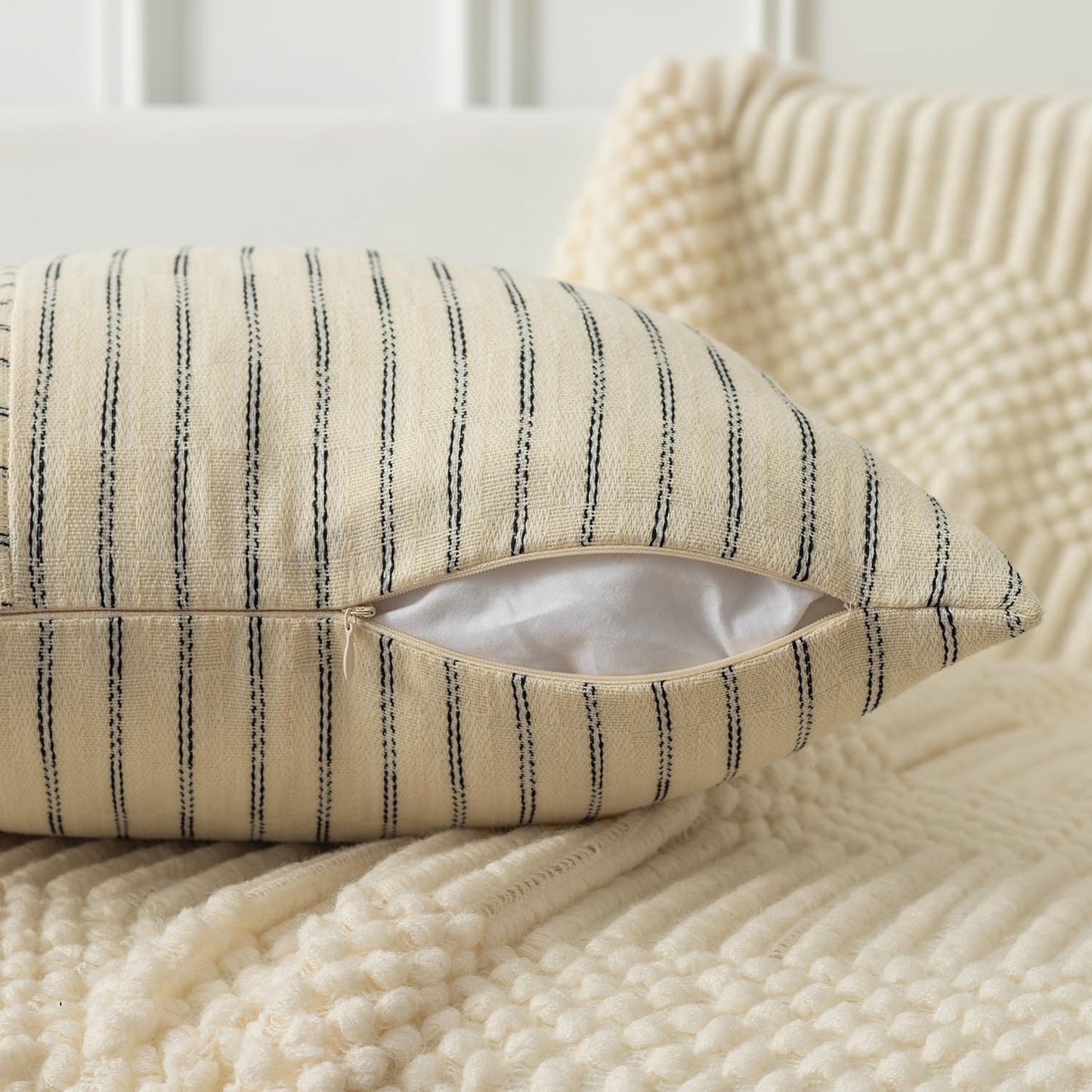 24x24, Set 2, Kevin Textile Farmhouse Pillow Covers Modern Accent Square Throw Pillow Covers of Beige and Black Striped