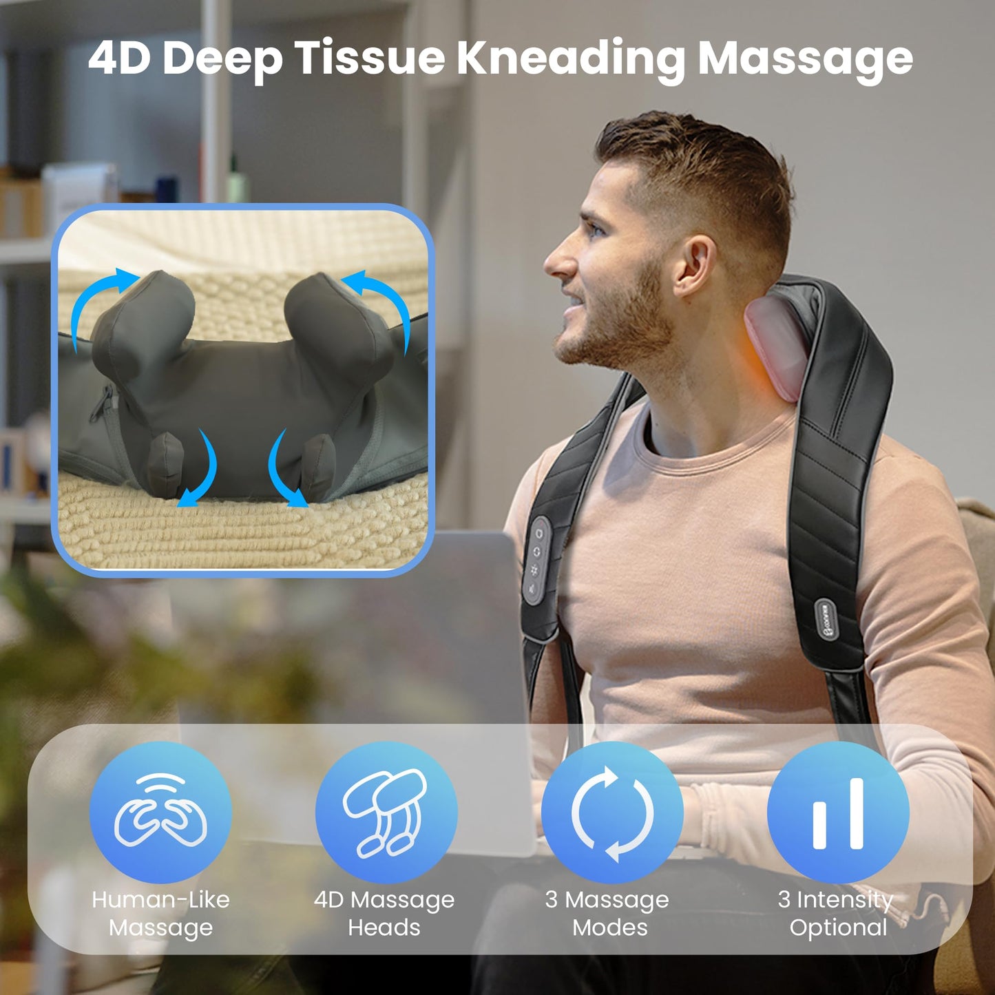 COMFIER Cordless Neck Massager with Heat, 4D Kneading Neck and Shoulder Massager Deep Tissue, Shiatsu Neck Back Massager Pillow, 2 Heating Levels,Gifts for Mom Dad