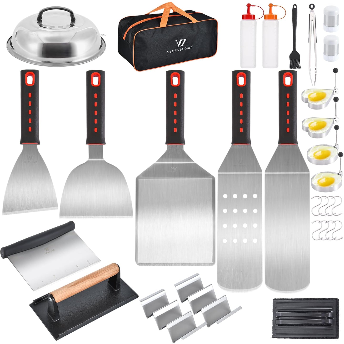 VIKEYHOME Griddle Accessories Kits, 30 Pcs Griddle Grill Tools Set, Professional Grill BBQ Spatula Set with Basting Cover, Spatula, Scraper, Bottle, Tongs, Egg Ring