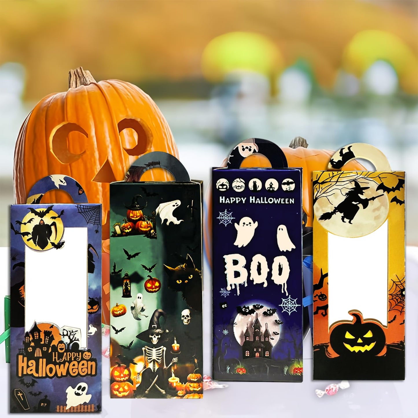 QZYCMHOO 24PCS Halloween Treat Boxes for Party Favors, Trick or Treat Candy Gift Bags, Halloween Snack Cookie Goodie Packaging Supplies