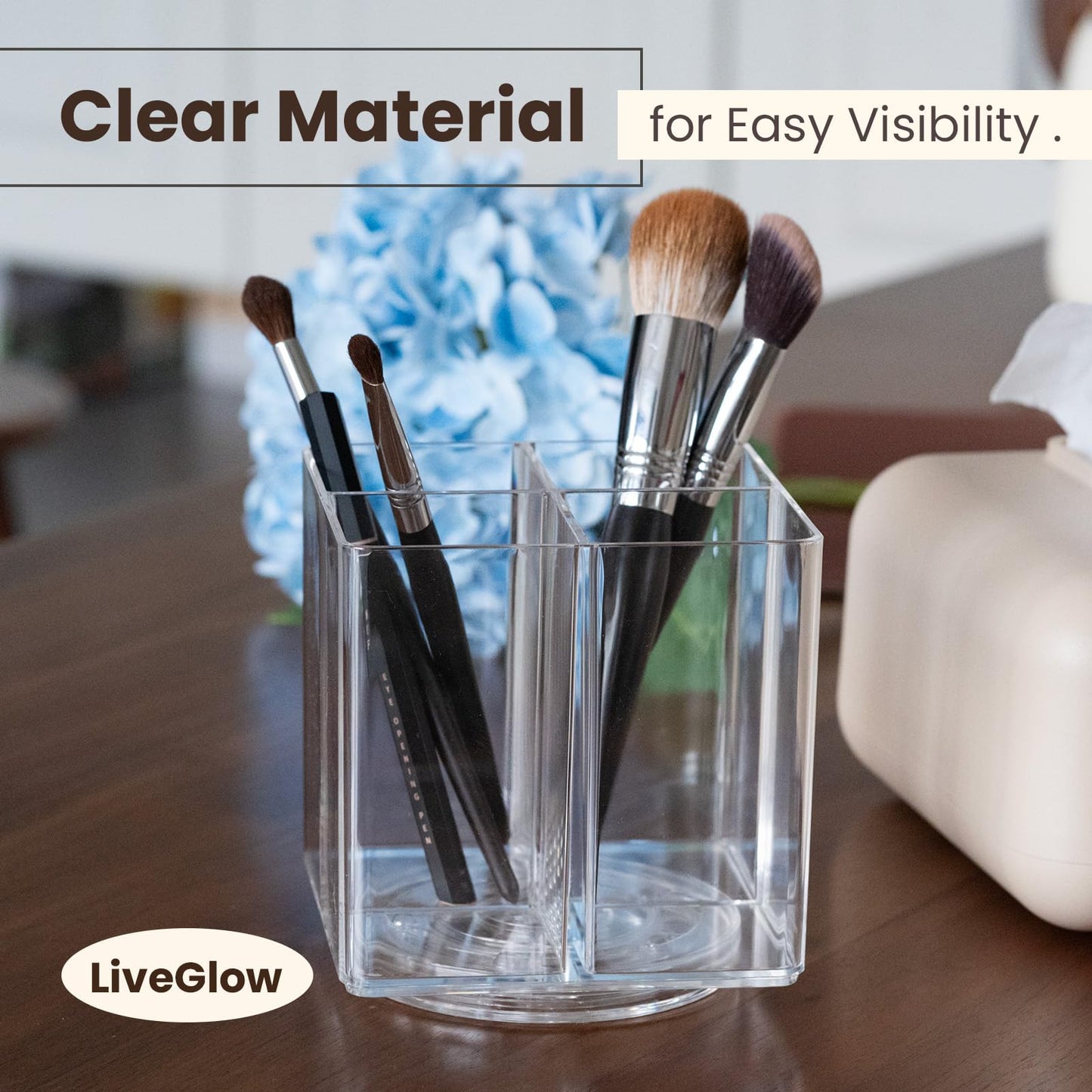 LiveGlow Clear Makeup Brush Holder,Acrylic Rotating 360°Makeup Brush Organizer,Pen holder with 4 Grids,Makeup Holder for Courtup,Containers for Desk,1pc