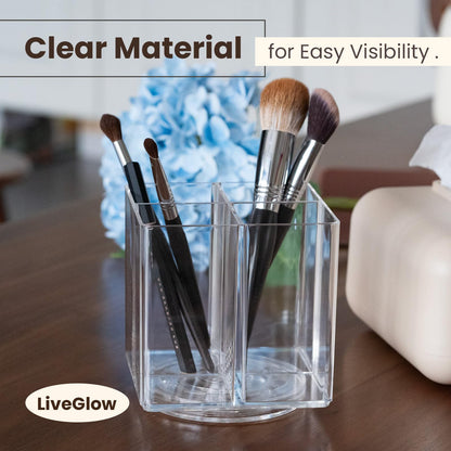 LiveGlow Clear Makeup Brush Holder,Acrylic Rotating 360°Makeup Brush Organizer,Pen holder with 4 Grids,Makeup Holder for Courtup,Containers for Desk,1pc